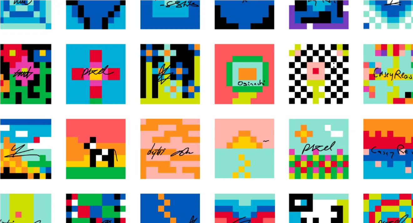 Pixel-art stamps and signatures from the First 15 MoMA Postcards