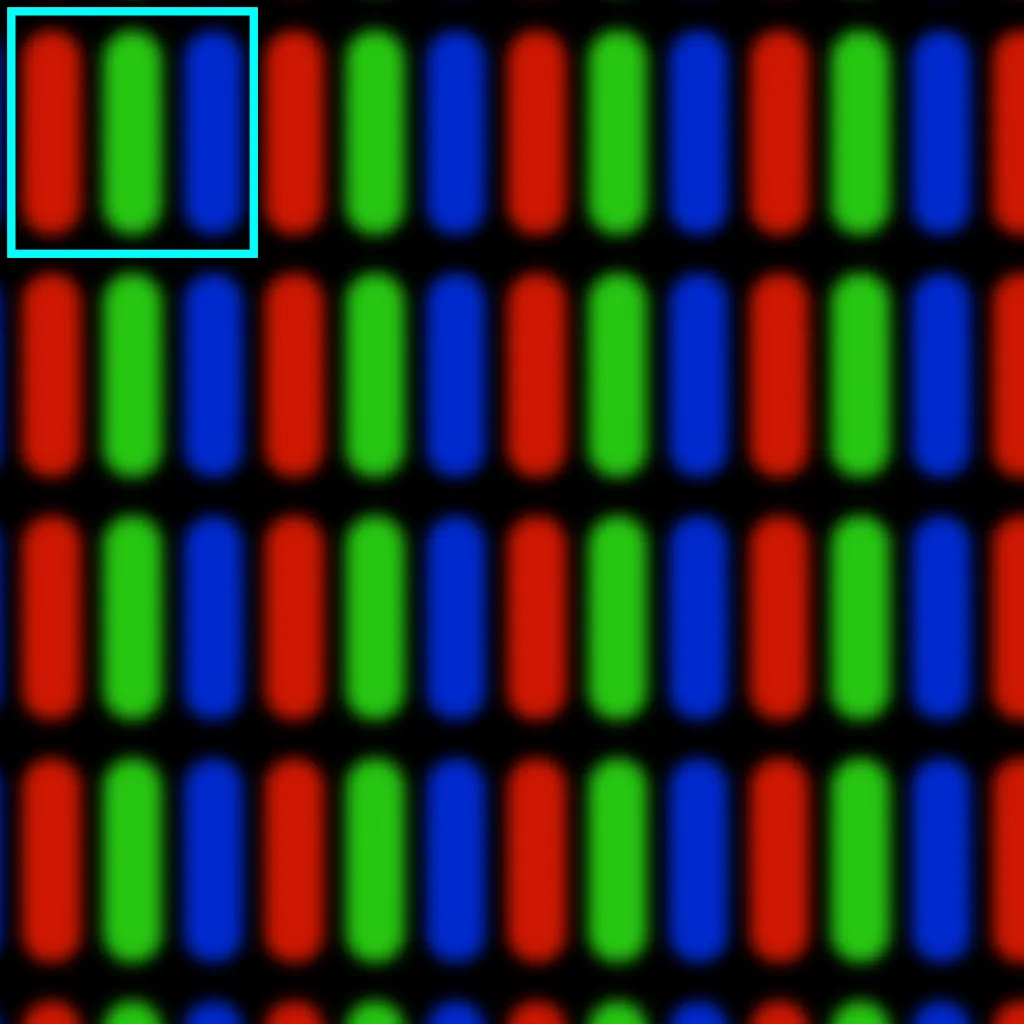 Figure 4. Agatha Mallett, "Red, green, and blue subpixels in the 'RGB' subpixel layout combine to give the impression of white at a distance." [Source](https://geometrian.com/resources/subpixelzoo/)